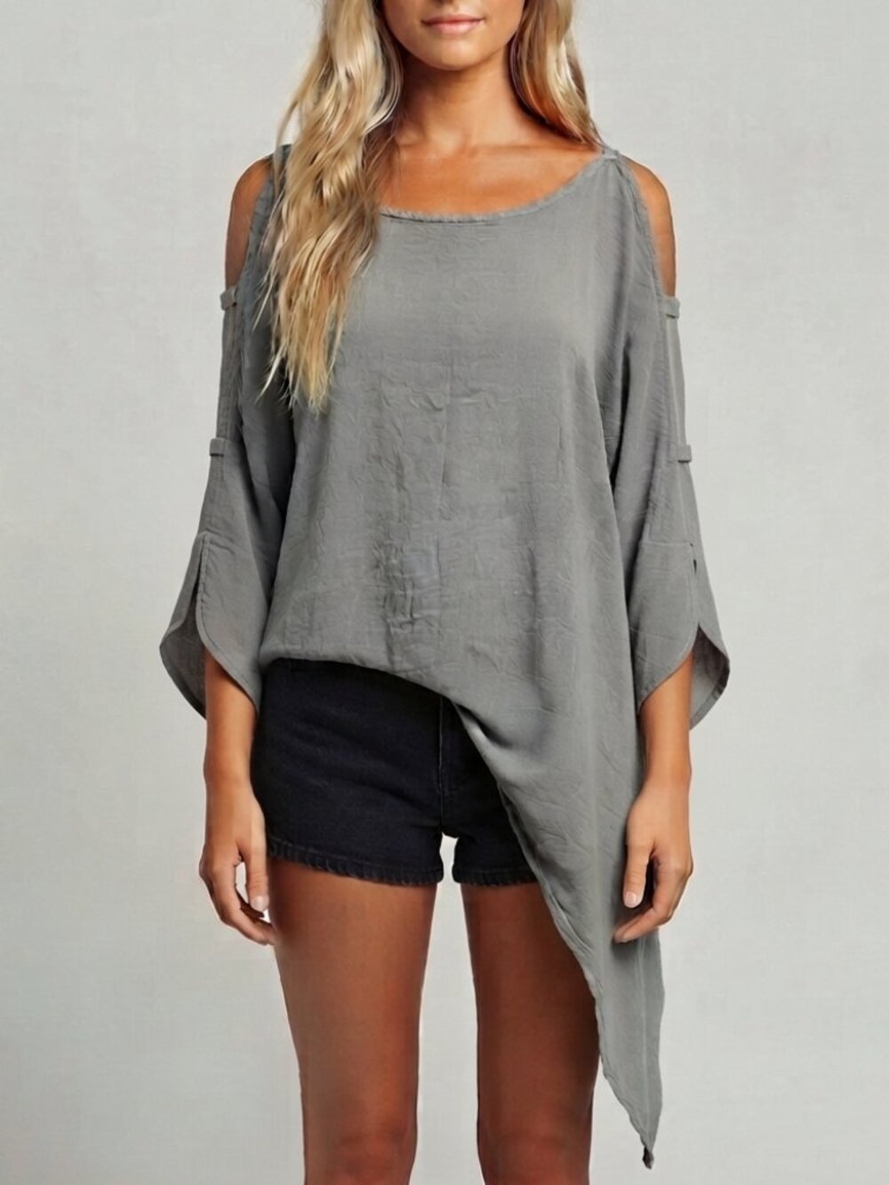 Oh My Gauze! Slate Gray Asymmetrical Cutout Sleeve Tunic Top 39822